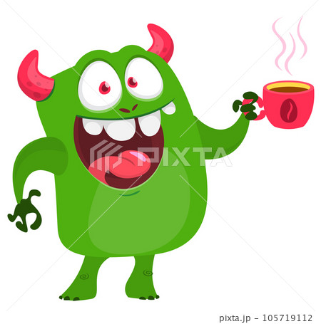 Funny cartoon smiling  monster drinking cup of coffee or tea. Illustration of cute and happy alien creature. Halloween design 105719112