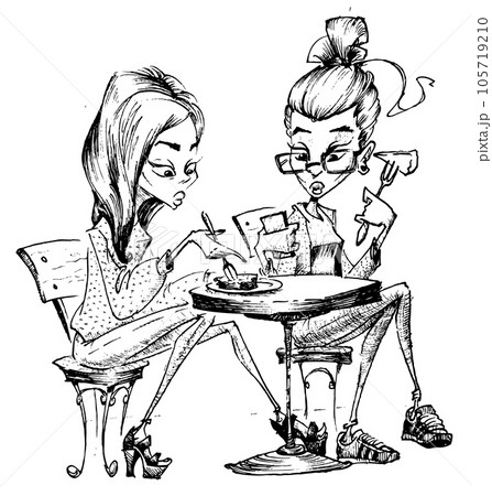 Two cute girls having dinner or desserts. Cartoon sketch illustration hand drawn. Vector 105719210