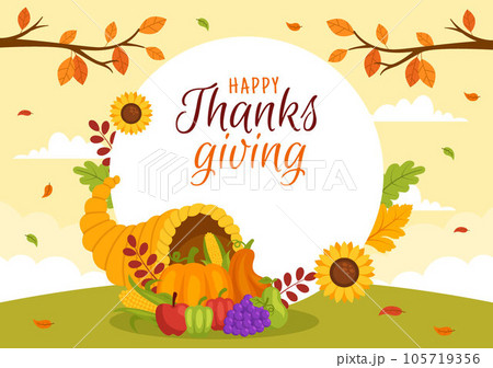 Happy Thanksgiving Day Vector Illustration with Turkey Bird, Pumpkin, Leaves and Many Others Elements Background Flat Cartoon Hand Drawn Templates 105719356