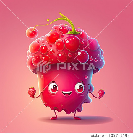Ripe red currant berry cartoon kawaii character cute bubble gum. Kawaii fruit, kids jelly personage, ai generated illustration. Candy berry with funny face, summer fruit. Juicy fruit monster 105719592
