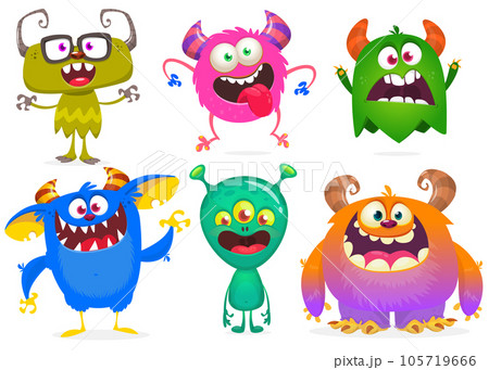 Funny cartoon monsters. Set of cartoon vector scary colorful monsters. Halloween design for decoration, stickers or cutout yard art sign. 105719666