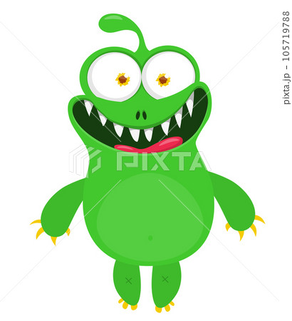 Funny cartoon smiling monster character. Illustration of cute and happy mythical alien creature. Halloween design Funny cartoon smiling monster character. Illustration of cute and happy mythical alien creature. Halloween design 105719788