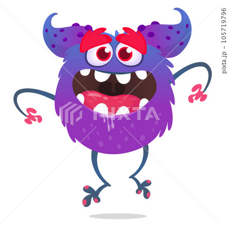 Funny cartoon smiling monster creature. Halloween Illustration of happy alien character. Vector isolated 105719796