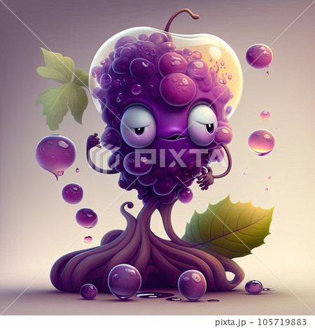 Cartoon funny jelly grape character ai generated. Kawaii fruit ripe juicy berry purple monster with leaves. Kids berry personage illustration with funny face, summer food 105719883
