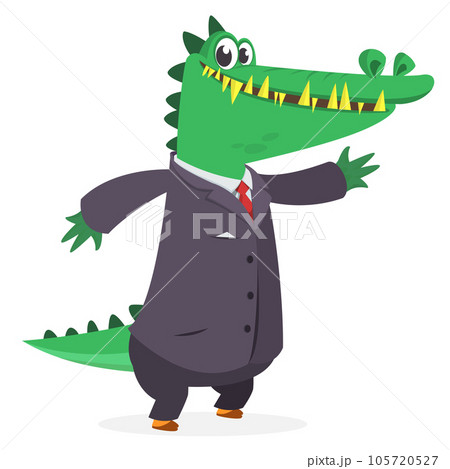 Cartoon funny smiling crocodile wearing toxedo or business suit.  Vector illustration of green aligator 105720527