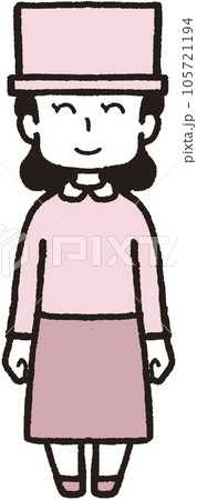 シルクハットをかぶって正面を向いて笑っている女性の全身イラスト シルクハットをかぶって正面を向いて笑っている女性の全身イラスト 105721194