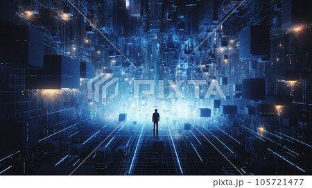 バーチャルな世界に入り込む青年 Man getting into virtual AI生成画像 105721477