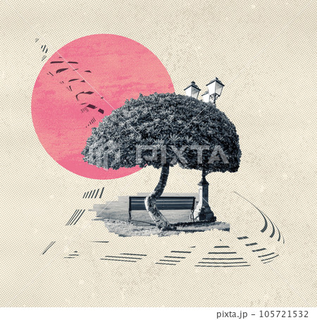Creative art design with tree, sun and bench on nature landscape Creative art design with tree, sun and bench on nature landscape 105721532