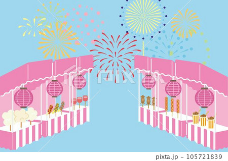 屋台と花火の夏祭りのイラスト 横（ブルー）のイラスト素材 [105721839