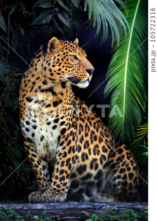Close young leopard portrait in jungle 105722316