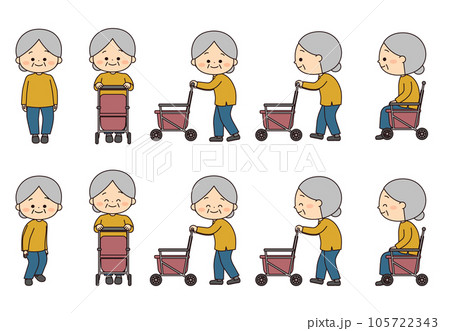 手押し車とかわいいおばあさんのセット 105722343