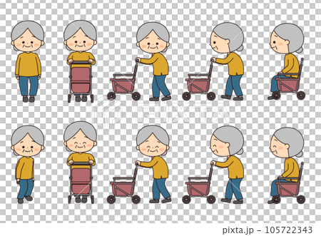 手押し車とかわいいおばあさんのセット 105722343