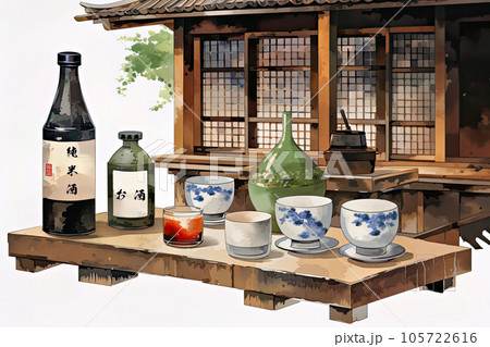 日本酒と古い伝統的な茶屋 日本酒と古い伝統的な茶屋 105722616