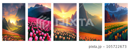 Vector spring background. Dutch landscape with tulip field, mountains. Floral vertical landscape poster. For posters, advertisements, wallpapers, landing pages. Set of illustrations 105722673