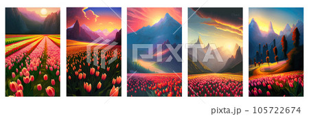 Vector spring background. Dutch landscape with tulip field, mountains. Floral vertical landscape poster. For posters, advertisements, wallpapers, landing pages. Set of illustrations Vector spring background. Dutch landscape with tulip field, mountains. Floral vertical landscape poster. For posters, advertisements, wallpapers, landing pages. Set of illustrations 105722674