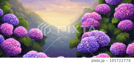 Mountain spring landscape, mountains with snowy peaks, lilac flower bushes, cartoon flat spring nature, green pasture meadow with forests, beautiful spring day mountains, vector illustration banner Mountain spring landscape, mountains with snowy peaks, lilac flower bushes, cartoon flat spring nature, green pasture meadow with forests, beautiful spring day mountains, vector illustration banner 105722778