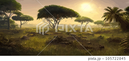 Wild savanna landscape. Savannah, African wild nature with acacia trees, grass, sand and water. Africa landscape panorama. Kenya National Park, panoramic view. Flat vector illustration Wild savanna landscape. Savannah, African wild nature with acacia trees, grass, sand and water. Africa landscape panorama. Kenya National Park, panoramic view. Flat vector illustration 105722845