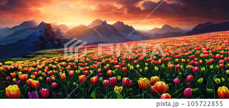 Vector illustration of Spring in the Mountains for logotype, t-shirt, banner, magazine, poster, decoration, postcard. Spring in the Mountains background. Spring Vector illustration of Spring in the Mountains for logotype, t-shirt, banner, magazine, poster, decoration, postcard. Spring in the Mountains background. Spring 105722855