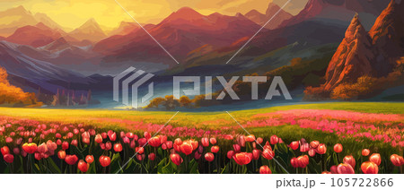 Vector illustration of Spring in the Mountains for logotype, t-shirt, banner, magazine, poster, decoration, postcard. Spring in the Mountains background. Spring 105722866