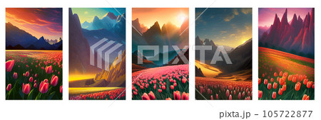 Vector spring background. Dutch landscape with tulip field, mountains. Floral vertical landscape poster. For posters, advertisements, wallpapers, landing pages. Set of illustrations Vector spring background. Dutch landscape with tulip field, mountains. Floral vertical landscape poster. For posters, advertisements, wallpapers, landing pages. Set of illustrations 105722877
