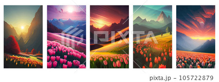 Vector spring background. Dutch landscape with tulip field, mountains. Floral vertical landscape poster. For posters, advertisements, wallpapers, landing pages. Set of illustrations 105722879
