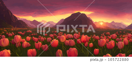 A field of tulips against the backdrop of mountains. Spring banner vector illustration. huge field of colorful tulips. Behind the field is a mountain range. Sunset. clouds of orange A field of tulips against the backdrop of mountains. Spring banner vector illustration. huge field of colorful tulips. Behind the field is a mountain range. Sunset. clouds of orange 105722880