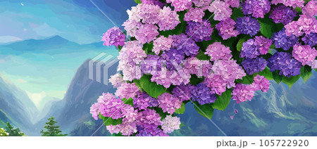 Mountain spring landscape, mountains with snowy peaks, lilac flower bushes, cartoon flat spring nature, green pasture meadow with forests, beautiful spring day mountains, vector illustration banner 105722920
