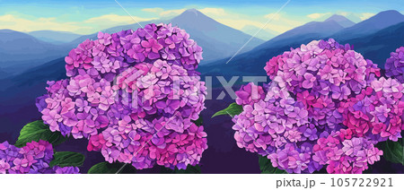 Mountain spring landscape, mountains with snowy peaks, lilac flower bushes, cartoon flat spring nature, green pasture meadow with forests, beautiful spring day mountains, vector illustration banner 105722921