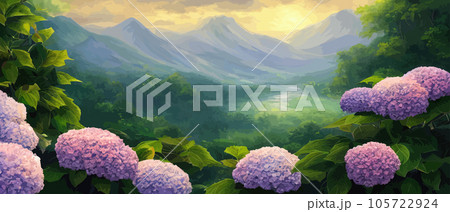 Mountain spring landscape, mountains with snowy peaks, lilac flower bushes, cartoon flat spring nature, green pasture meadow with forests, beautiful spring day mountains, vector illustration banner 105722924