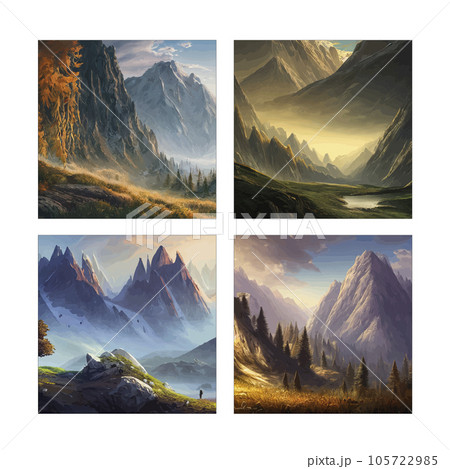set of four nature posters. Mountain mature silhouette element outdoor icon snowy ice peaks and decorative, Realistic illustration of mountain landscape with hill and forest with coniferous trees set of four nature posters. Mountain mature silhouette element outdoor icon snowy ice peaks and decorative, Realistic illustration of mountain landscape with hill and forest with coniferous trees 105722985
