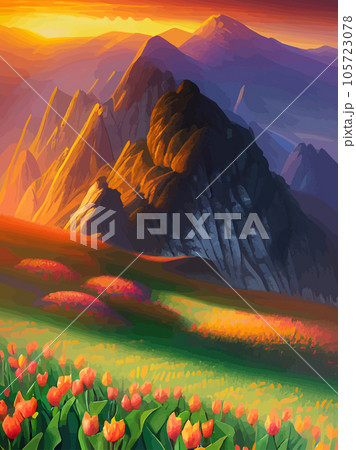 Vector spring background. Dutch landscape with tulip field, trees, hills, mountains. Floral vertical landscape poster cartoon hand drawn style. For posters, advertisements, wallpapers, landing pages 105723078