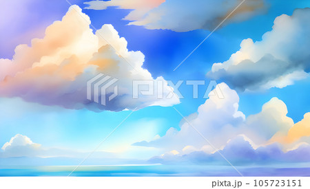 虹色の青空と雲のある風景　背景素材　水彩イラスト 105723151