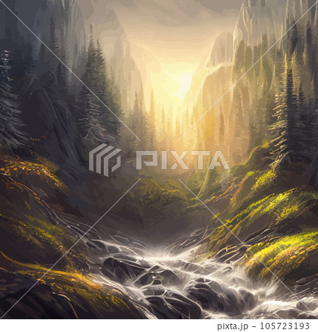 Nature and landscape. Vector illustration trees, forests, mountains, plants. Image for background, card or cover. Illustration. Natural landscape with spruce trees. Modern minimal abstract background Nature and landscape. Vector illustration trees, forests, mountains, plants. Image for background, card or cover. Illustration. Natural landscape with spruce trees. Modern minimal abstract background 105723193