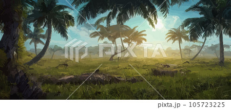Wild savanna landscape. Savannah, African wild nature with acacia trees, grass, sand and water. Africa landscape panorama. Kenya National Park, panoramic view. Flat vector illustration Wild savanna landscape. Savannah, African wild nature with acacia trees, grass, sand and water. Africa landscape panorama. Kenya National Park, panoramic view. Flat vector illustration 105723225