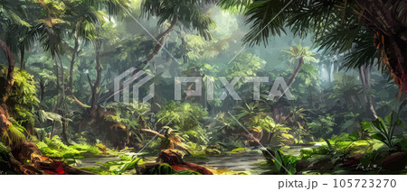 Tropical vintage botanical landscape illustration, palm tree, vegetable flower border background. Exotic green jungle background and wallpaper, forrest, rainforest, plants and nature illustration Tropical vintage botanical landscape illustration, palm tree, vegetable flower border background. Exotic green jungle background and wallpaper, forrest, rainforest, plants and nature illustration 105723270