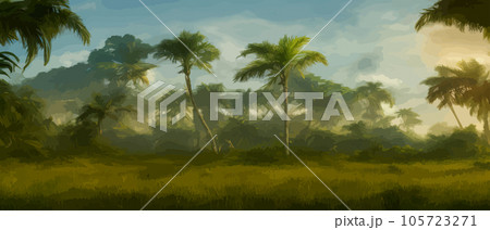 African savanna. Grass, acacia trees and river. Realistic vector landscape. African nature. Reserves and national parks. Banner vector illustration. Savanna landscape background African savanna. Grass, acacia trees and river. Realistic vector landscape. African nature. Reserves and national parks. Banner vector illustration. Savanna landscape background 105723271