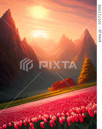 Vector spring background. Dutch landscape with tulip field, trees, hills, mountains. Floral vertical landscape poster cartoon hand drawn style. For posters, advertisements, wallpapers, landing pages 105723306
