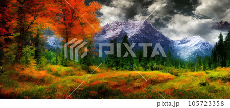 Wild natural landscape with mountains, coniferous forest with copy space. Great travel advertising, brochures, labels. Vector banner illustration. Idyllic amazing landscapes nature. beautiful season Wild natural landscape with mountains, coniferous forest with copy space. Great travel advertising, brochures, labels. Vector banner illustration. Idyllic amazing landscapes nature. beautiful season 105723358