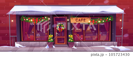 Christmas cafe decorated with garlands 105723430