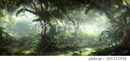Tropical vintage botanical landscape illustration, palm tree, vegetable flower border background. Exotic green jungle background and wallpaper, forrest, rainforest, plants and nature illustration 105723456
