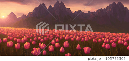A field of tulips against the backdrop of mountains. Spring banner vector illustration. huge field of colorful tulips. Behind the field is a mountain range. Sunset. clouds of orange A field of tulips against the backdrop of mountains. Spring banner vector illustration. huge field of colorful tulips. Behind the field is a mountain range. Sunset. clouds of orange 105723503
