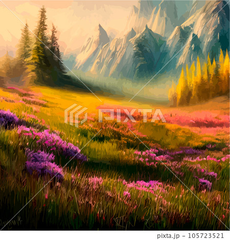 Beautiful field of tulips growing on the slope, mountains and sky illustration. Abstract field illustration. landscape spring vector background. Netherlands nature. Cover template. Poster 105723521