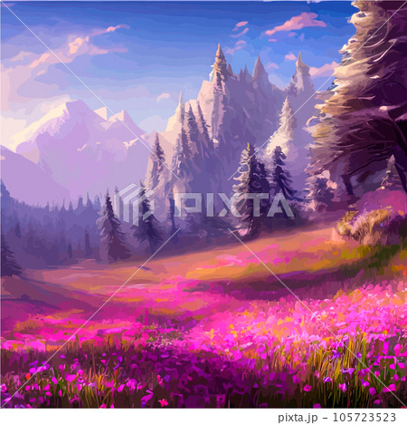 Beautiful field of tulips growing on the slope, mountains and sky illustration. Abstract field illustration. landscape spring vector background. Netherlands nature. Cover template. Poster Beautiful field of tulips growing on the slope, mountains and sky illustration. Abstract field illustration. landscape spring vector background. Netherlands nature. Cover template. Poster 105723523