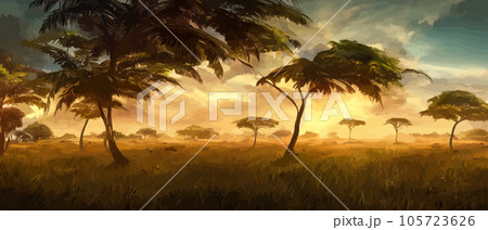 Wild savanna landscape. Savannah, African wild nature with acacia trees, grass, sand and water. Africa landscape panorama. Kenya National Park, panoramic view. Flat vector illustration Wild savanna landscape. Savannah, African wild nature with acacia trees, grass, sand and water. Africa landscape panorama. Kenya National Park, panoramic view. Flat vector illustration 105723626