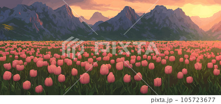 A field of tulips against the backdrop of mountains. Spring banner vector illustration. huge field of colorful tulips. Behind the field is a mountain range. Sunset. clouds of orange 105723677