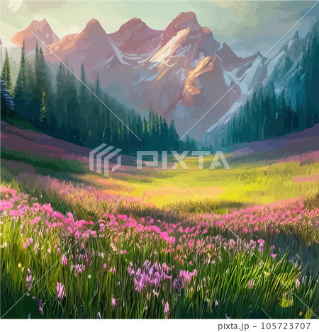 Beautiful field of tulips growing on the slope, mountains and sky illustration. Abstract field illustration. landscape spring vector background. Netherlands nature. Cover template. Poster 105723707