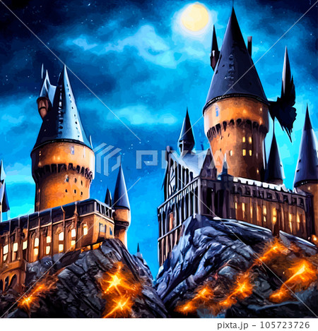 Cartoon castle on a hill in rainy weather. Landscape of a fairy kingdom in the moonlight at night. Medieval palace with towers, stream, trees, a field and a bridge with a road to the Royal Castle. 105723726
