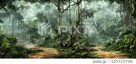 Tropical vintage botanical landscape illustration, palm tree, vegetable flower border background. Exotic green jungle background and wallpaper, forrest, rainforest, plants and nature illustration Tropical vintage botanical landscape illustration, palm tree, vegetable flower border background. Exotic green jungle background and wallpaper, forrest, rainforest, plants and nature illustration 105723798