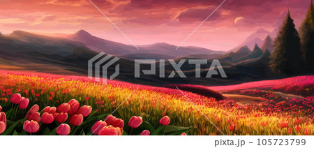 Vector illustration of Spring in the Mountains for logotype, t-shirt, banner, magazine, poster, decoration, postcard. Spring in the Mountains background. Spring 105723799