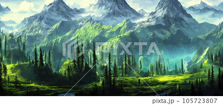 Foggy mountains landscape landscape vector illustration. Smoky rocky panorama with mountain mountains and silhouettes for pine forest. Evergreen forests and green meadows. Mountains in fog with forest Foggy mountains landscape landscape vector illustration. Smoky rocky panorama with mountain mountains and silhouettes for pine forest. Evergreen forests and green meadows. Mountains in fog with forest 105723807